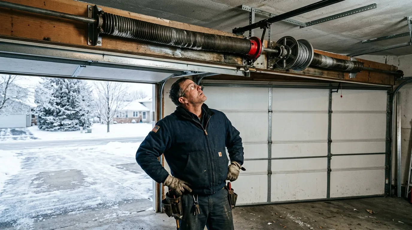 Garage door detail illustrating when a torsion spring breaks in thornton's cold