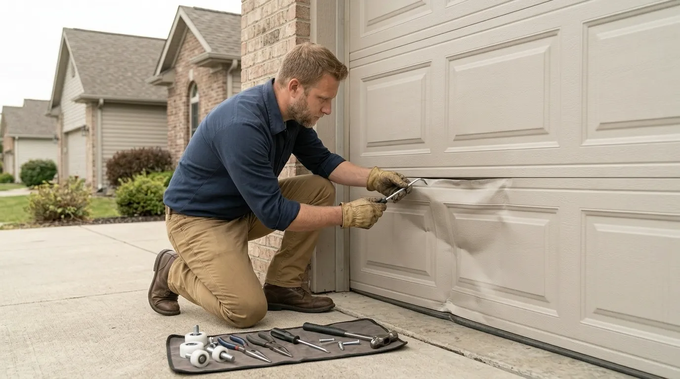Garage door technician repairing a residential garage door in Thornton Colorado