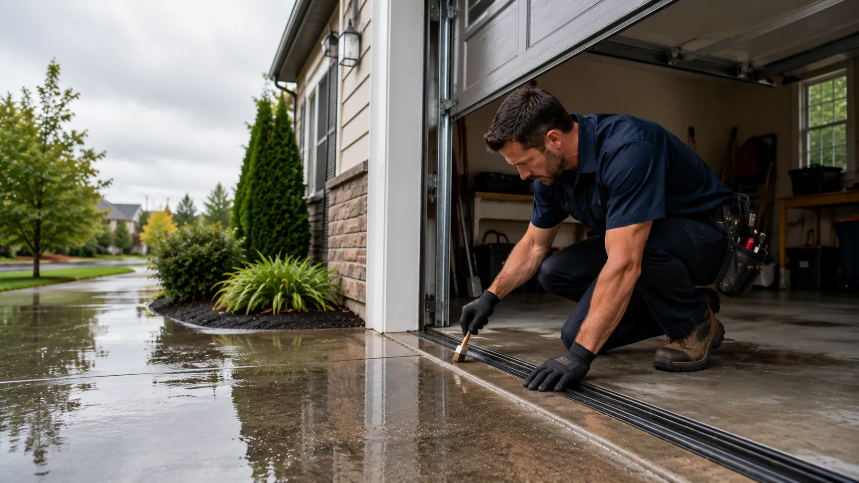 Garage door technician inspecting springs rollers tracks and opener in Thornton Colorado